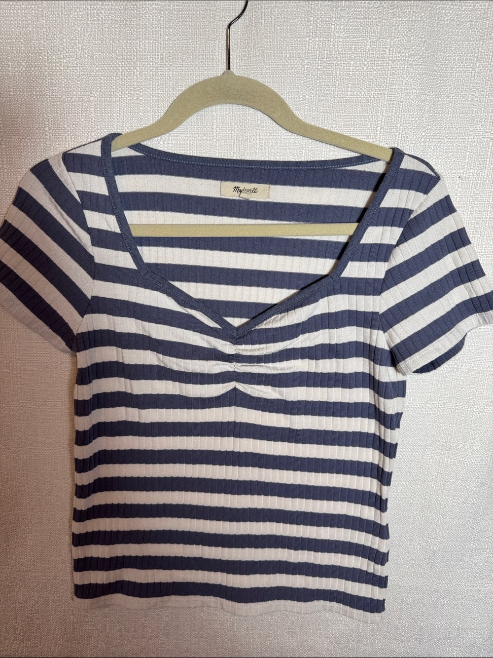 MADEWELL Sweetheart‎ Neckline V-Neck Slate Blue/White Stripe Tee Size M
